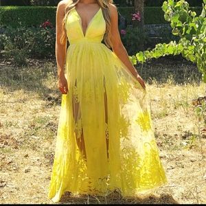 Baby doll Long Yellow Lace flowered Dress with Spaghetti straps